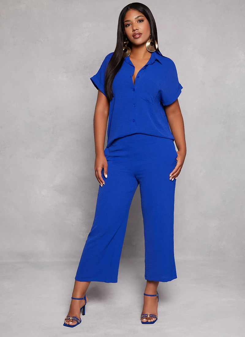 Gauze Knit Button Front Cuffed Sleeve Blouse