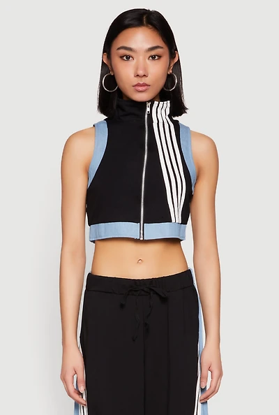 Womens Denim Contrast Trim Crop Top,