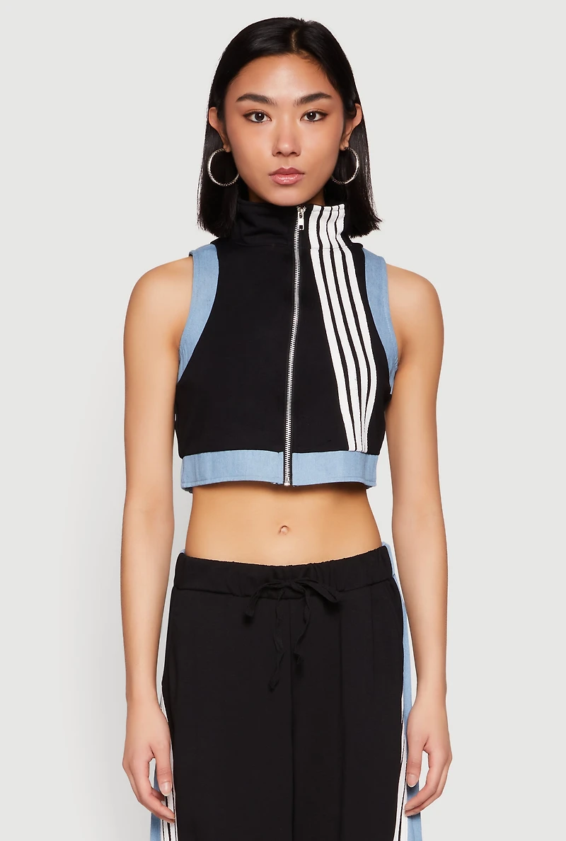 Denim Contrast Trim Crop Top