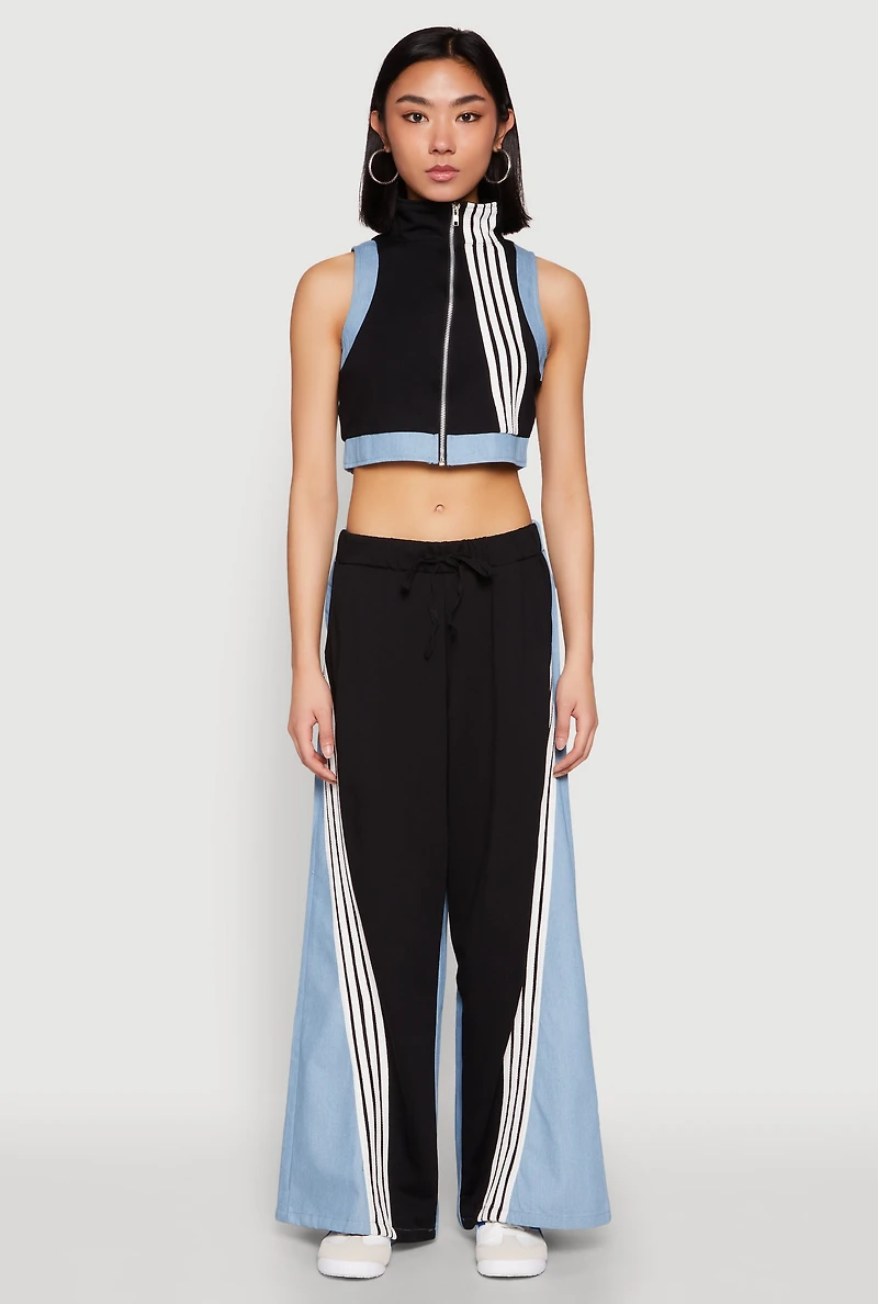 Womens Denim Contrast Trim Crop Top,