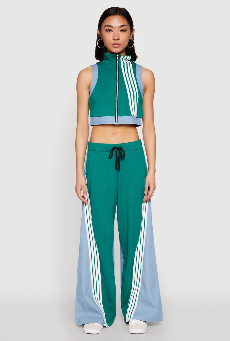 Womens Denim Contrast Trim Crop Top, Green, Size S