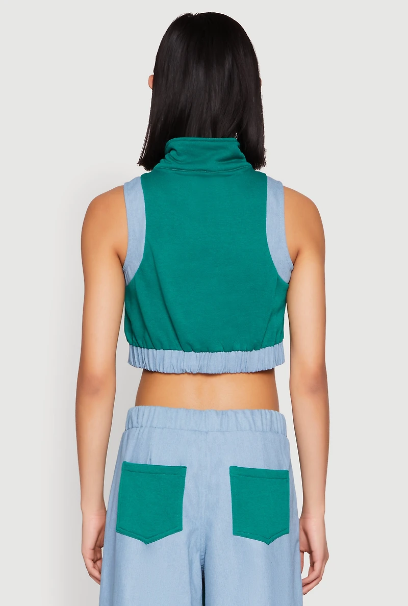 Womens Denim Contrast Trim Crop Top, Green, Size S