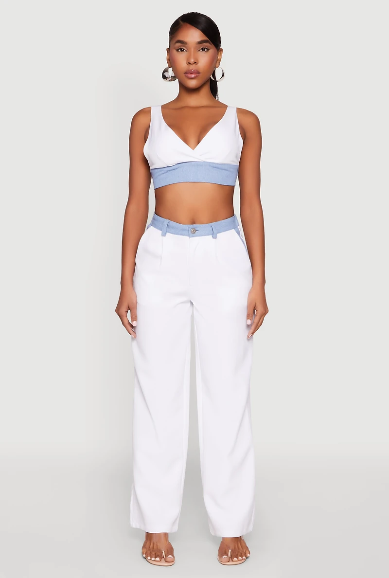 Womens Denim Contrast Trim Bralette, White, Size S