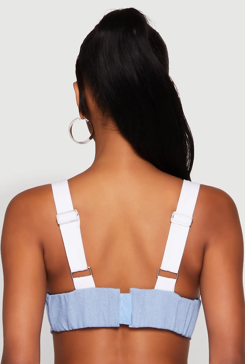 Womens Denim Contrast Trim Bralette, White, Size S