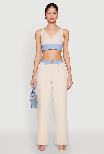 Womens Denim Trim High Waisted Pants, Khaki, Size L
