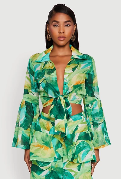 Womens Spoon Jeans Chiffon Cropped Bell Sleeve Top, Green, Size M