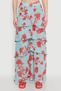 Womens Stylish Spoon Jeans Floral Print High Waisted Tiered Palazzo Pants, Multi, Size S