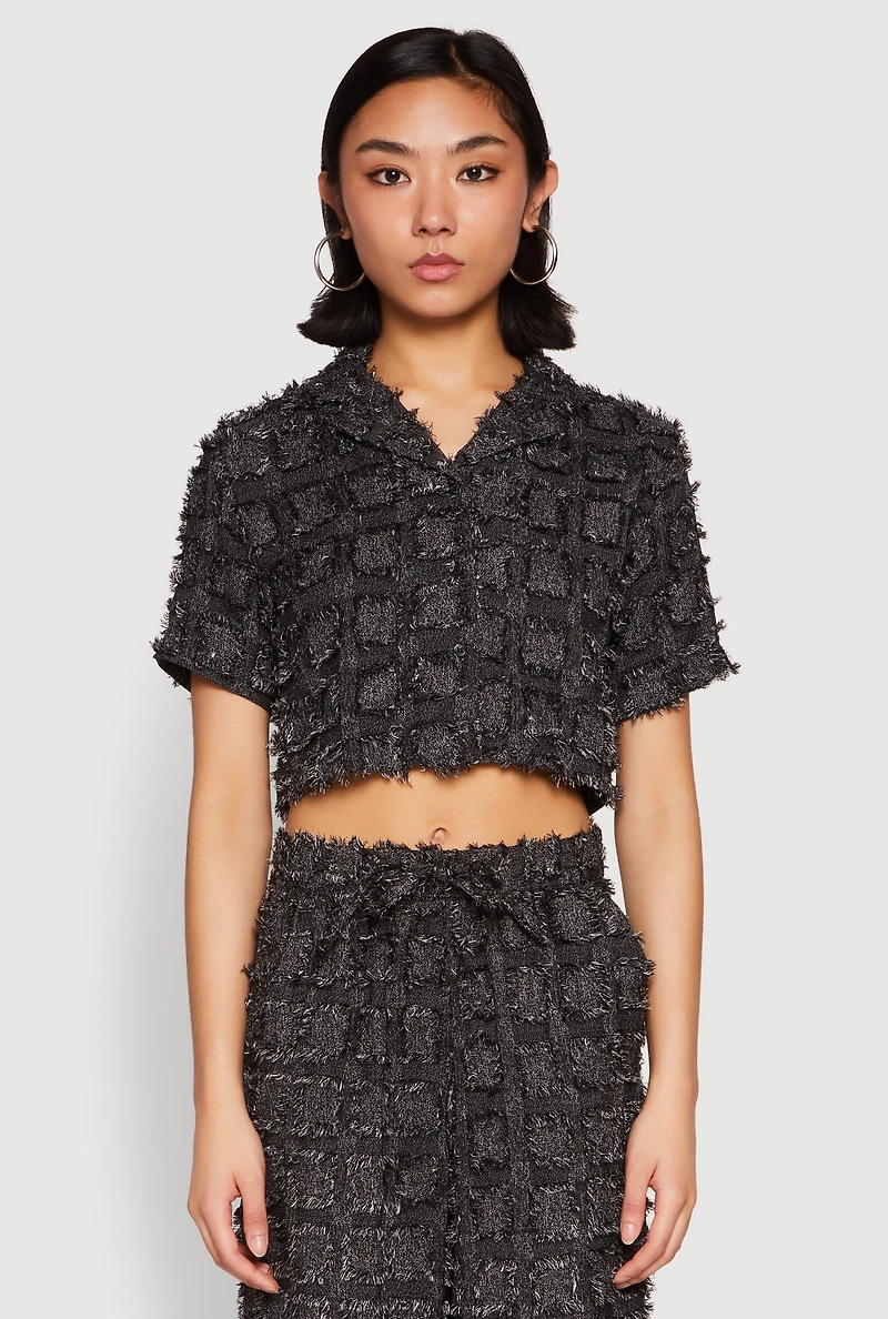 Womens Spoon Jeans Plaid Frayed Cropped Shirt,