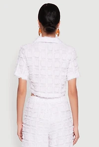 Womens Spoon Jeans Plaid Frayed Cropped Shirt, White, Size M