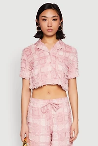 Womens Spoon Jeans Plaid Frayed Cropped Shirt, Pink, Size M