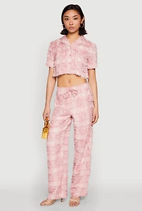 Womens Spoon Jeans Plaid Frayed Cropped Shirt, Pink, Size M