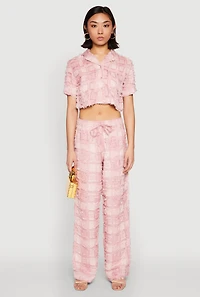 Womens Spoon Jeans Plaid Frayed Cropped Shirt, Pink, Size M