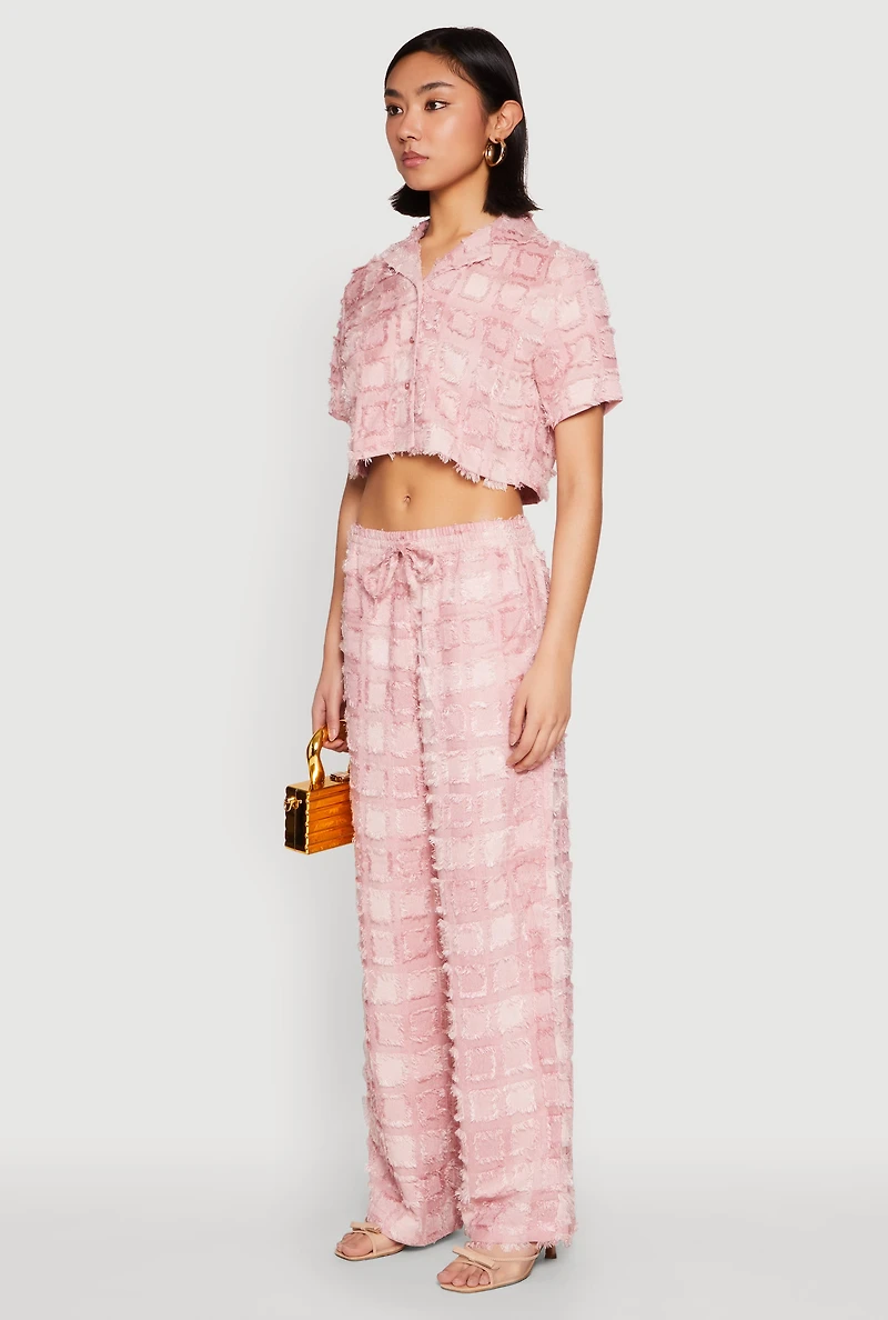 Womens Spoon Jeans Plaid Frayed Cropped Shirt, Pink, Size M