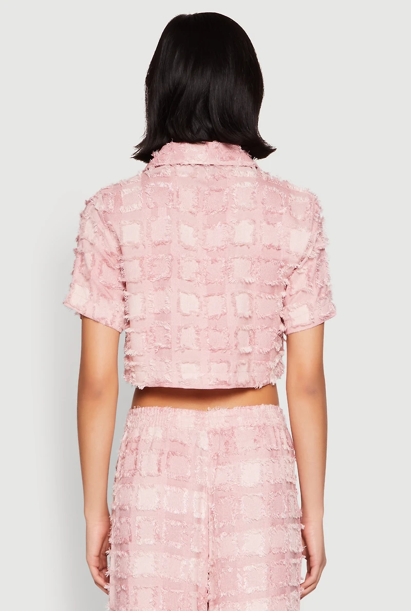 Womens Spoon Jeans Plaid Frayed Cropped Shirt, Pink, Size M