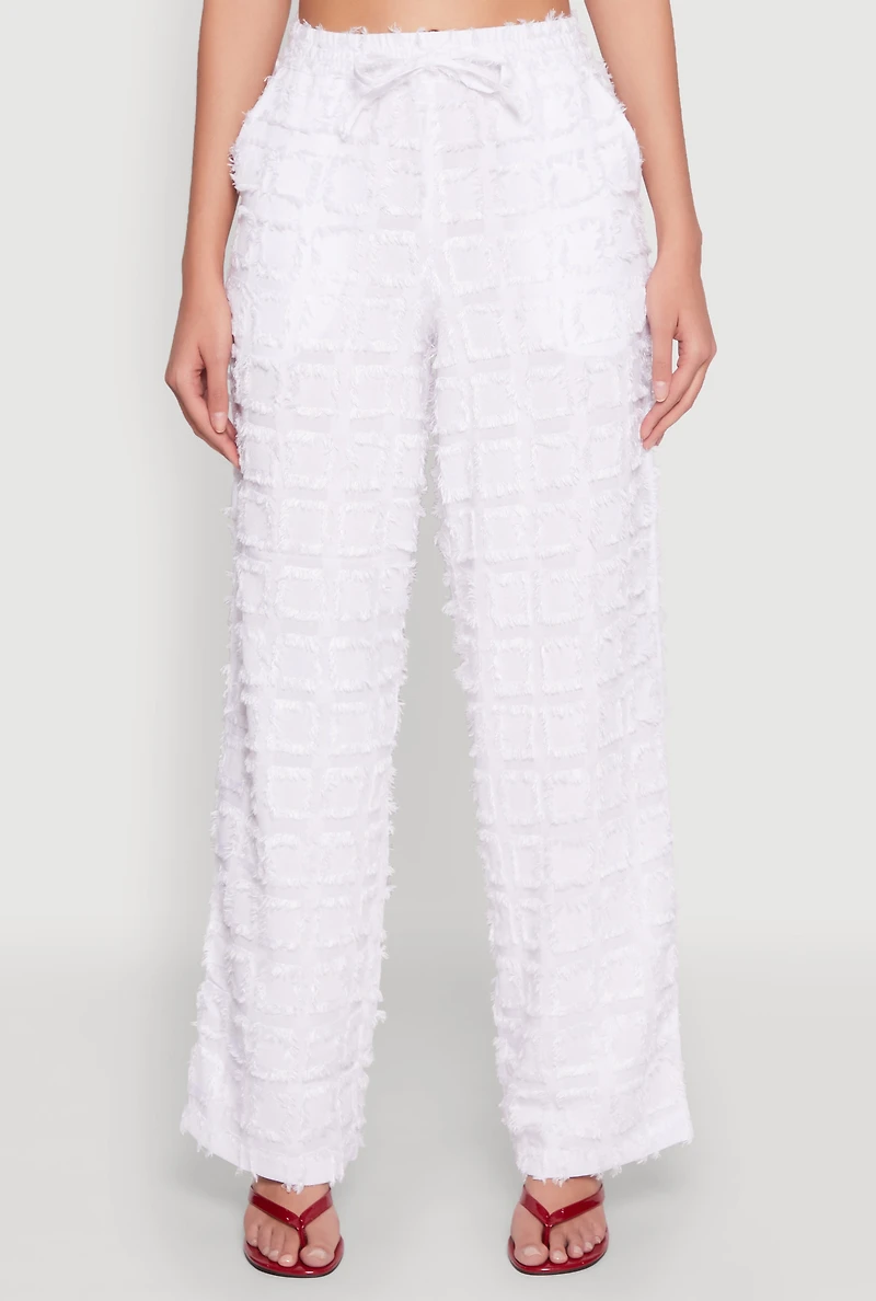 Womens Spoon Jeans Plaid Frayed Wide Leg Pants, White, Size M