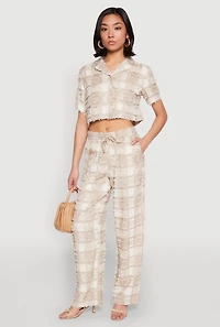 Womens Spoon Jeans Plaid Frayed Wide Leg Pants, Khaki, Size S