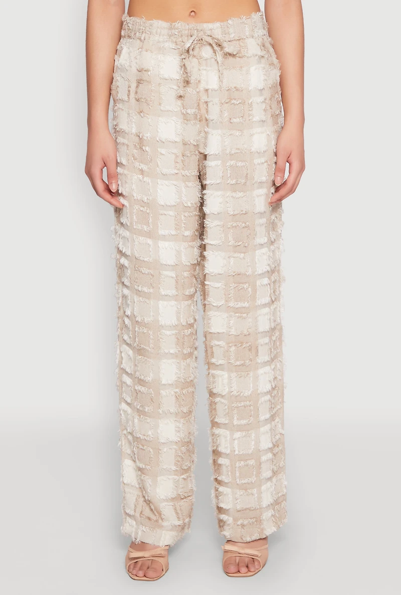 Womens Spoon Jeans Plaid Frayed Wide Leg Pants, Khaki, Size S