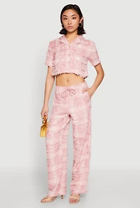 Womens Spoon Jeans Plaid Frayed Wide Leg Pants, Pink, Size M