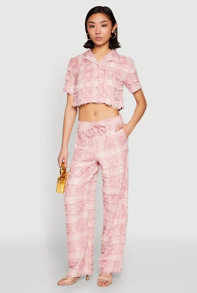 Womens Spoon Jeans Plaid Frayed Wide Leg Pants, Pink, Size L