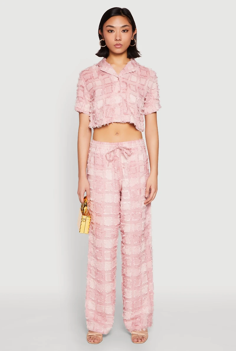 Womens Spoon Jeans Plaid Frayed Wide Leg Pants, Pink, Size M