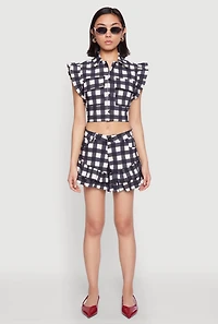 Womens Buffalo Plaid Ruffle Sleeve Cropped Shirt, Multi, Size M