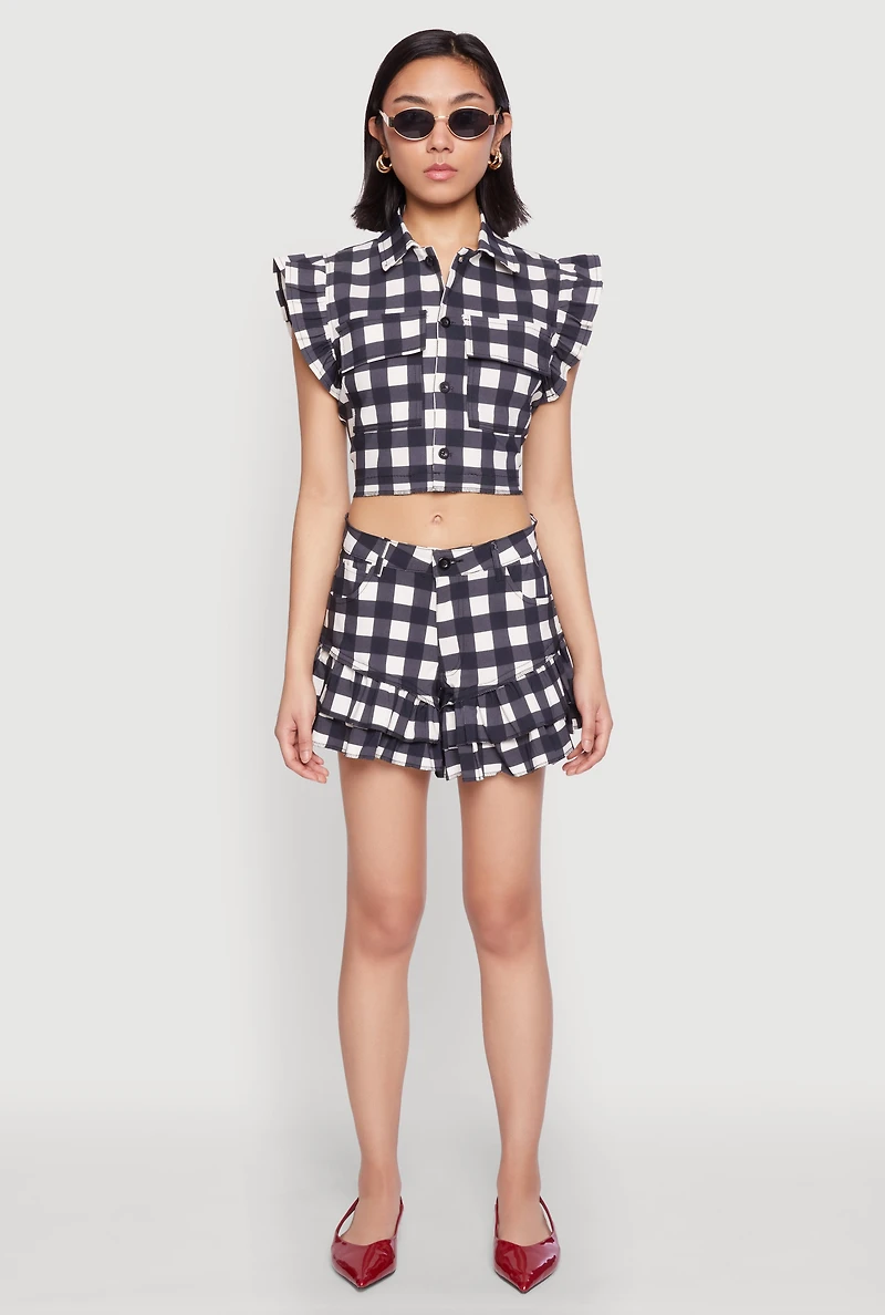 Womens Buffalo Plaid Ruffle Sleeve Cropped Shirt, Multi, Size L