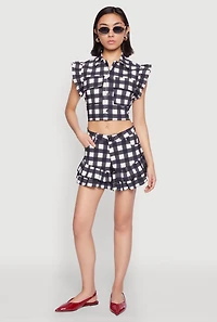 Womens Buffalo Plaid Ruffle Sleeve Cropped Shirt, Multi, Size M