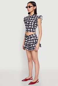 Womens Buffalo Plaid Ruffle Sleeve Cropped Shirt, Multi, Size M