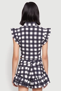 Womens Buffalo Plaid Ruffle Sleeve Cropped Shirt, Multi, Size M