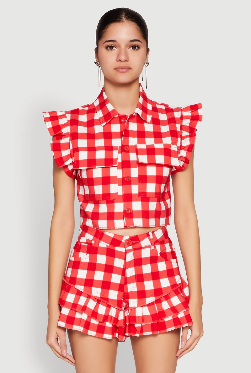 Buffalo Plaid Ruffle Sleeve Cropped Shirt