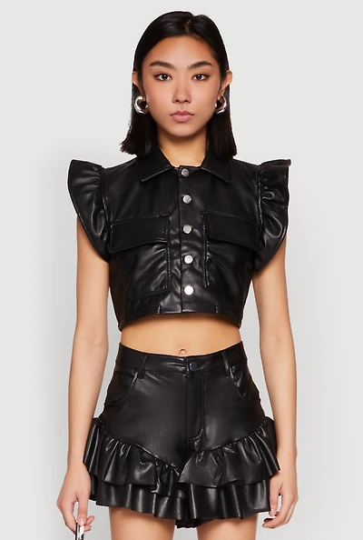 Womens Flutter Sleeve Faux Leather Jacket, Black, Size L