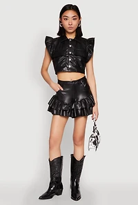 Womens Tiered Ruffle Hem Faux Leather Shorts, Black, Size S