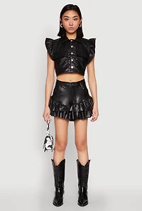 Womens Tiered Ruffle Hem Faux Leather Shorts, Black, Size S