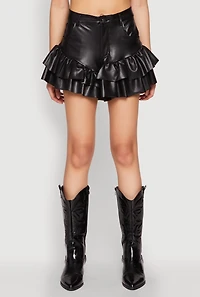 Womens Tiered Ruffle Hem Faux Leather Shorts, Black, Size S
