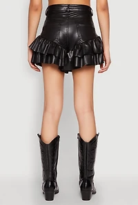 Womens Tiered Ruffle Hem Faux Leather Shorts, Black, Size S