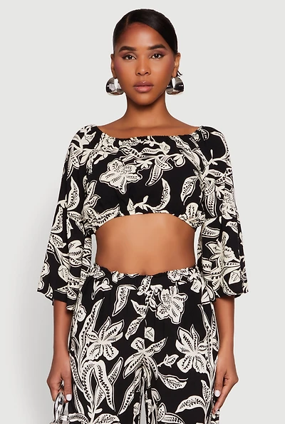 Womens Spoon Jeans Boat Neck Bell Sleeve Crop Top, Black, Size M
