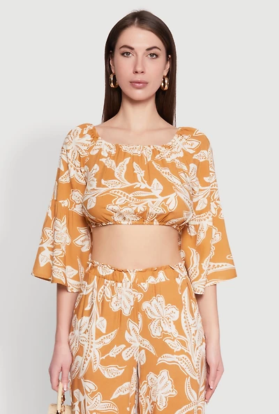 Womens Spoon Jeans Boat Neck Bell Sleeve Crop Top, Orange, Size L