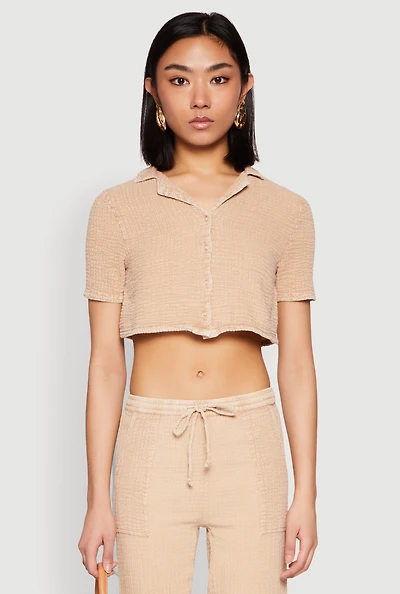 Womens Spoon Jeans Gauze Knit Cropped Shirt, Beige, Size S