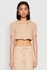 Womens Spoon Jeans Gauze Knit Cropped Shirt, Beige, Size S