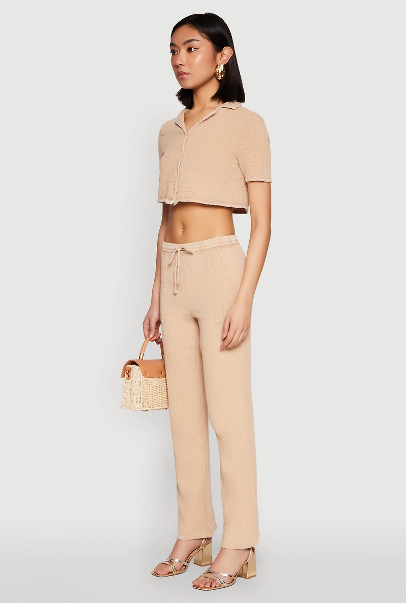 Womens Spoon Jeans Gauze Knit Cropped Shirt, Beige,