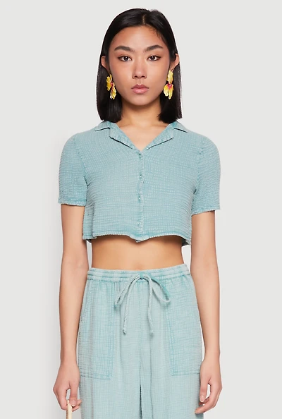 Womens Spoon Jeans Gauze Knit Cropped Shirt, Green, Size L