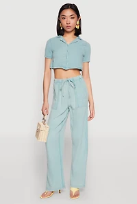 Womens Spoon Jeans Gauze Knit Cropped Shirt, Green, Size L