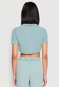 Womens Spoon Jeans Gauze Knit Cropped Shirt, Green, Size L