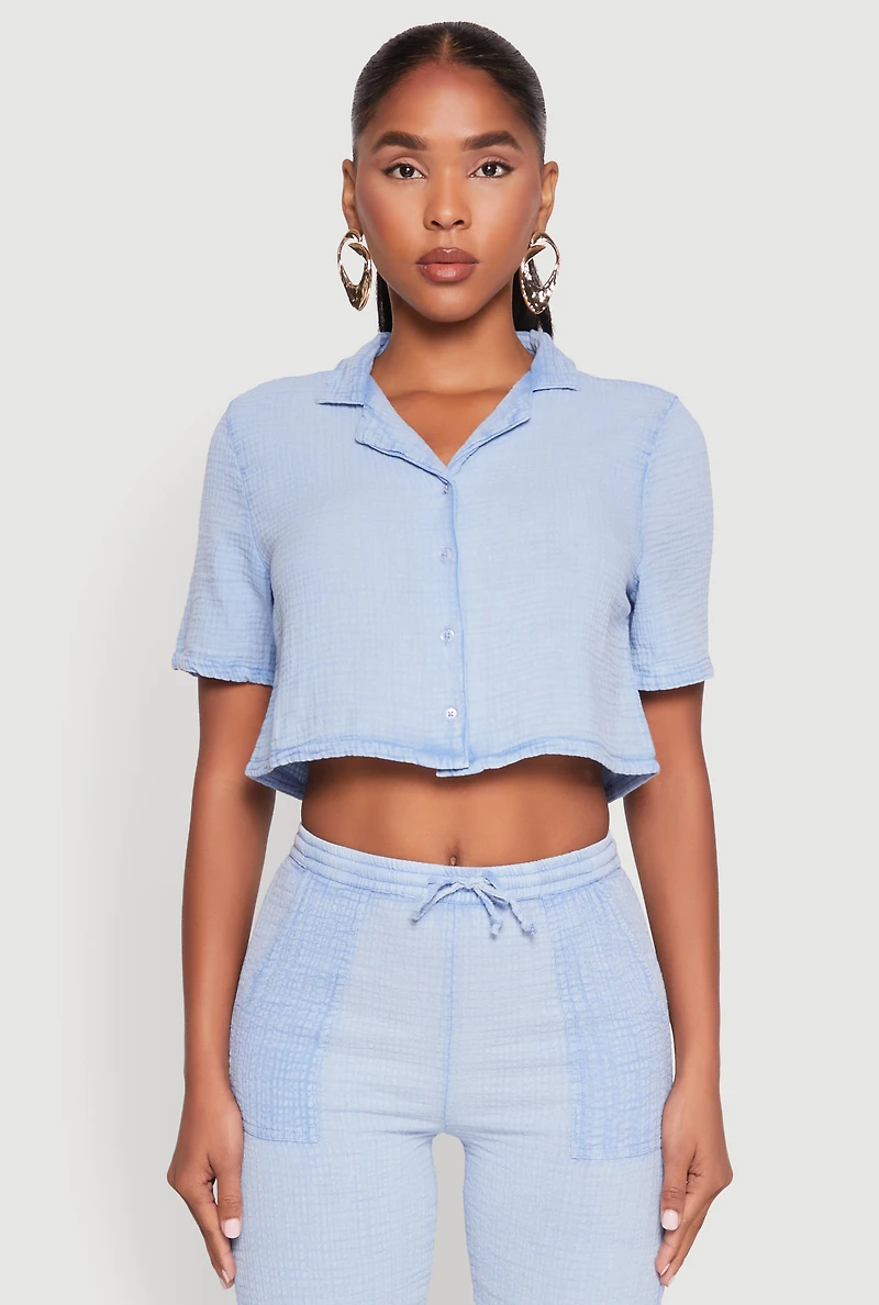 Womens Spoon Jeans Gauze Knit Cropped Shirt, S