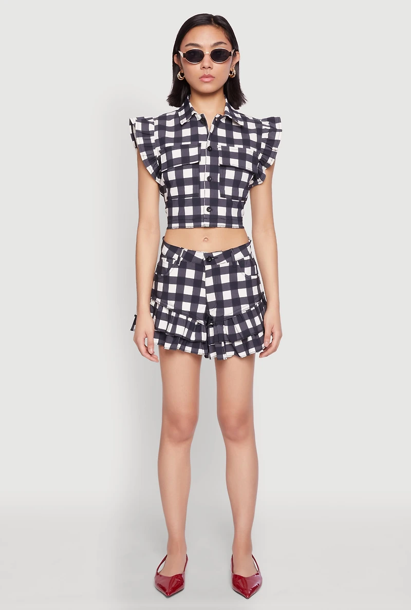 Womens Ruffled Hem Buffalo Plaid Shorts,