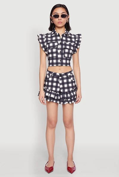 Ruffled Hem Buffalo Plaid Shorts