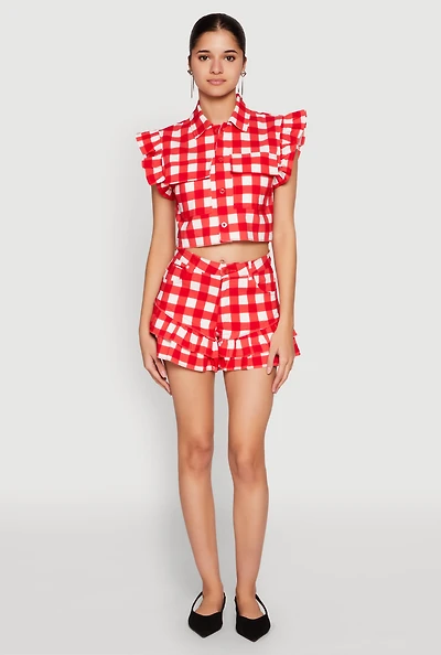 Womens Ruffled Hem Buffalo Plaid Shorts, Red, Size M