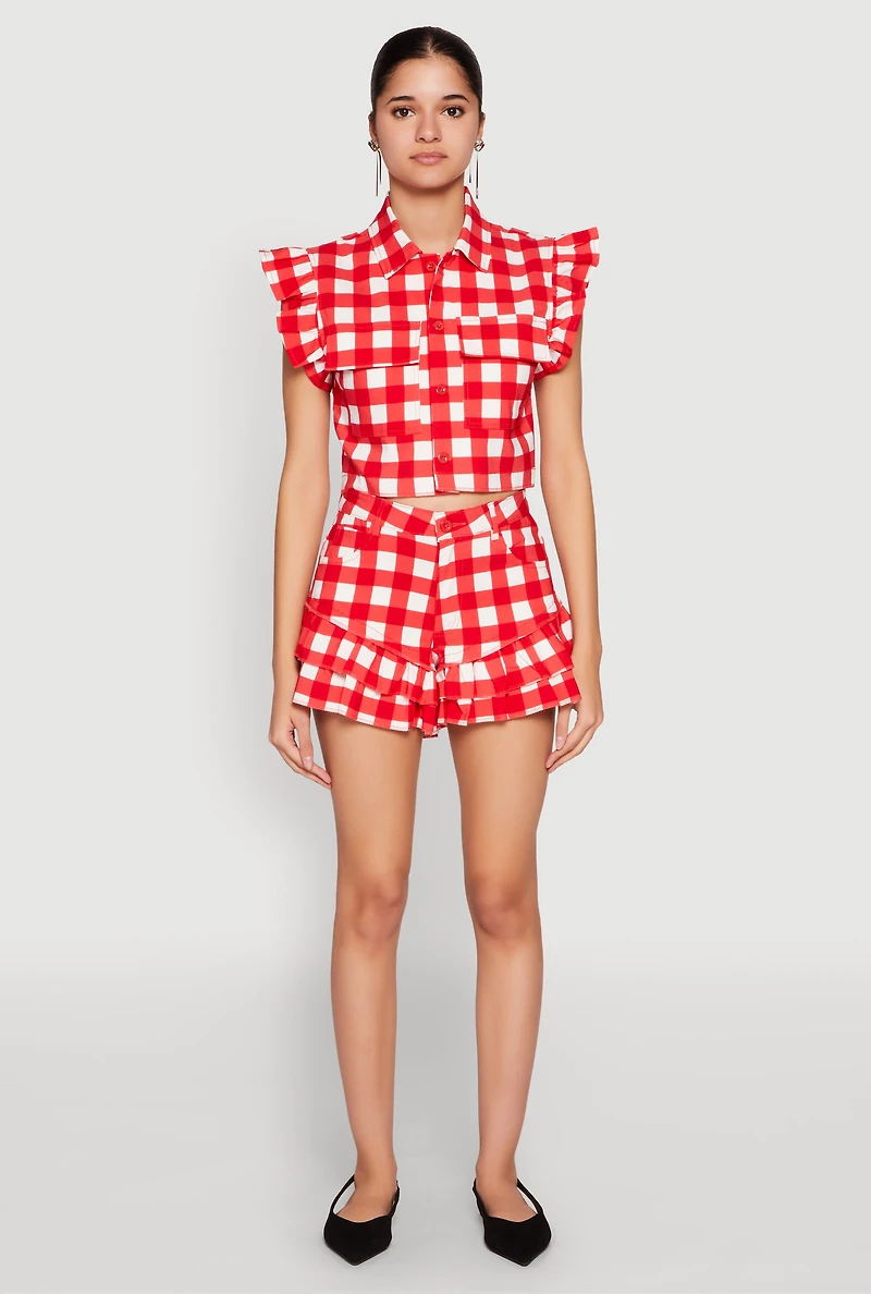 Womens Ruffled Hem Buffalo Plaid Shorts, Red, Size M