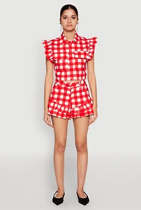 Womens Ruffled Hem Buffalo Plaid Shorts, Red, Size M
