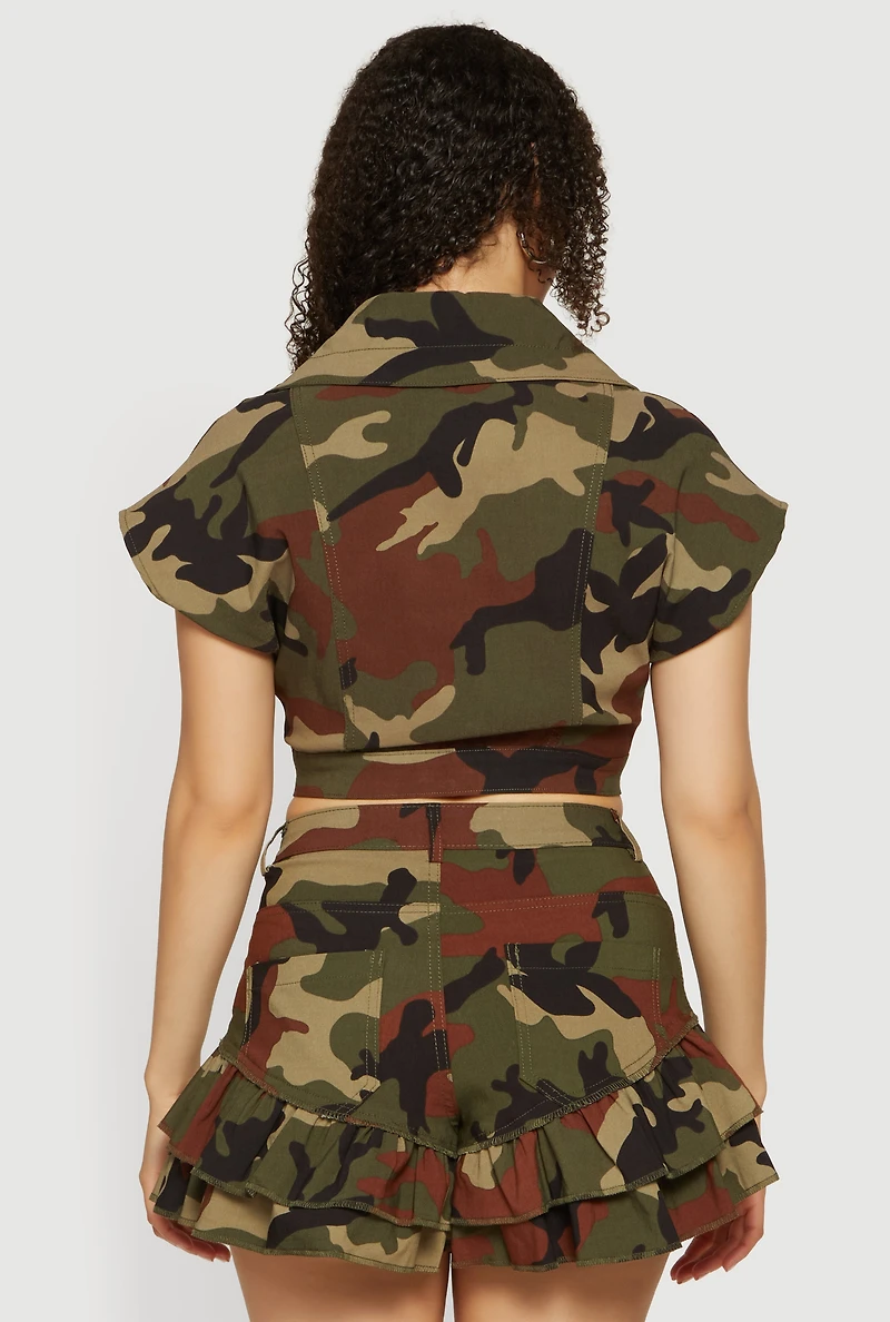 Dolman Sleeve Button Front Camo Crop Top